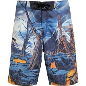 Metal Mulisha Mens Grim Reaper Lava Mountain Board Shorts Blue 36 Graphic Surf